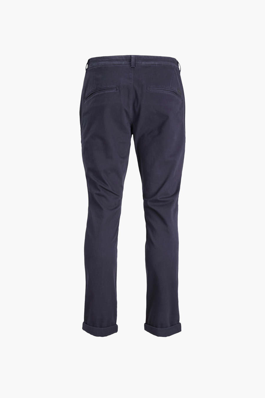 Blauwe chino van JACK & JONES JEANS INTELLIGENCE, achterkant, met steekzakken en omgeslagen pijpen.