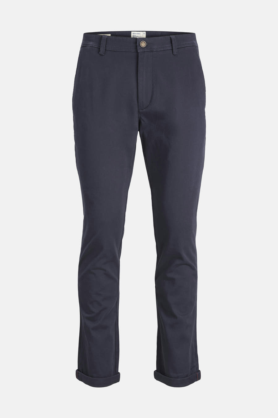 Blauwe chino van JACK & JONES JEANS INTELLIGENCE met omgeslagen broekspijpen, gepresenteerd op een effen achtergrond.
