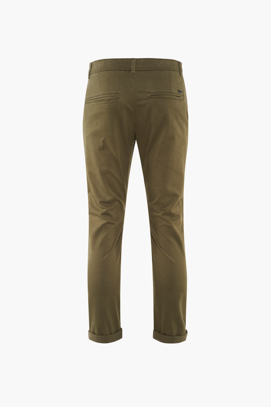Khaki chino van JACK & JONES JEANS INTELLIGENCE, achterkant, met omgeslagen pijpen.