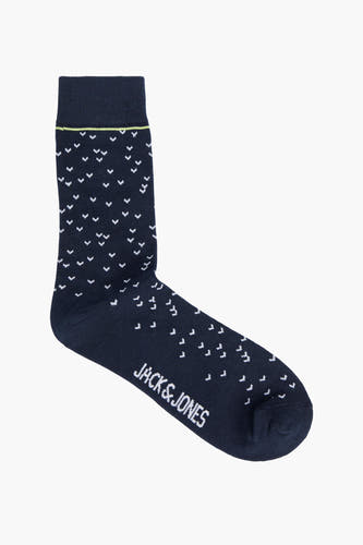 Blauwe sokken van ACCESSORIES BY JACK & JONES, met kleine witte details en gele band bovenaan.