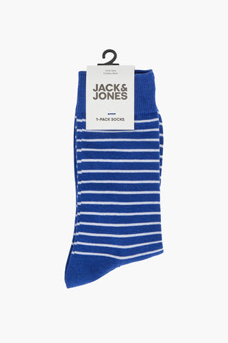 Blauwe sokken van ACCESSORIES BY JACK & JONES, met horizontale witte strepen en een ribgebreide boord.