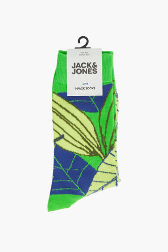 Groene sokken van ACCESSORIES BY JACK & JONES, met een opvallend patroon van bladmotieven in blauw en geel.
