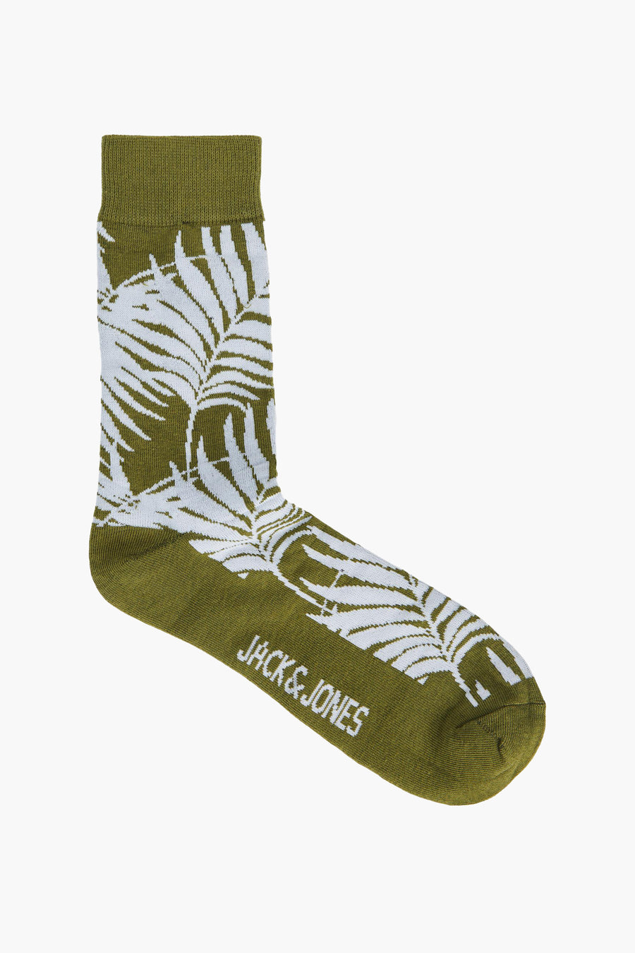 Olijfgroene sok met bladerprint en "JACK & JONES" logo.