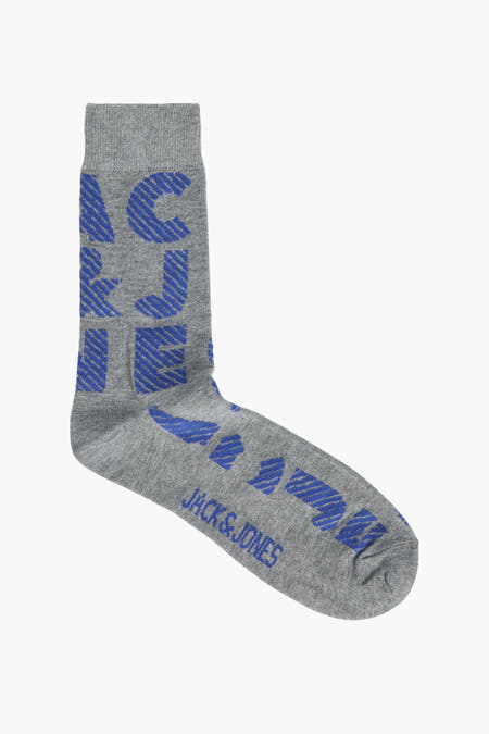 Grijze sokken van ACCESSORIES BY JACK & JONES met blauwe logo opdruk.