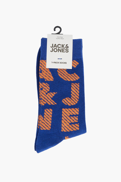 Blauwe sokken van ACCESSORIES BY JACK & JONES, met oranje gestreept logo patroon.