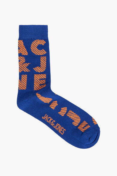 Blauwe sokken van ACCESSORIES BY JACK & JONES met een opvallend oranje logoprint.
