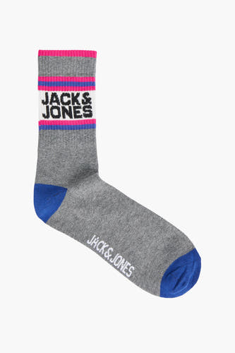 Grijze sokken van ACCESSORIES BY JACK & JONES, met blauwe accenten bij de tenen en kuit, en een gebreid logopatroon.