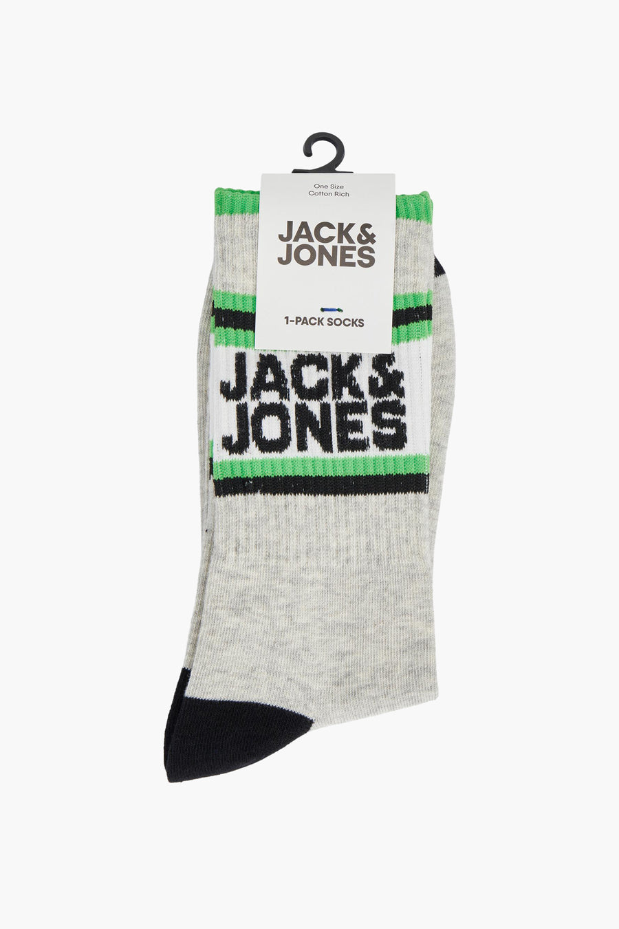 Eén paar grijze Jack & Jones sokken met zwart en groene accenten.