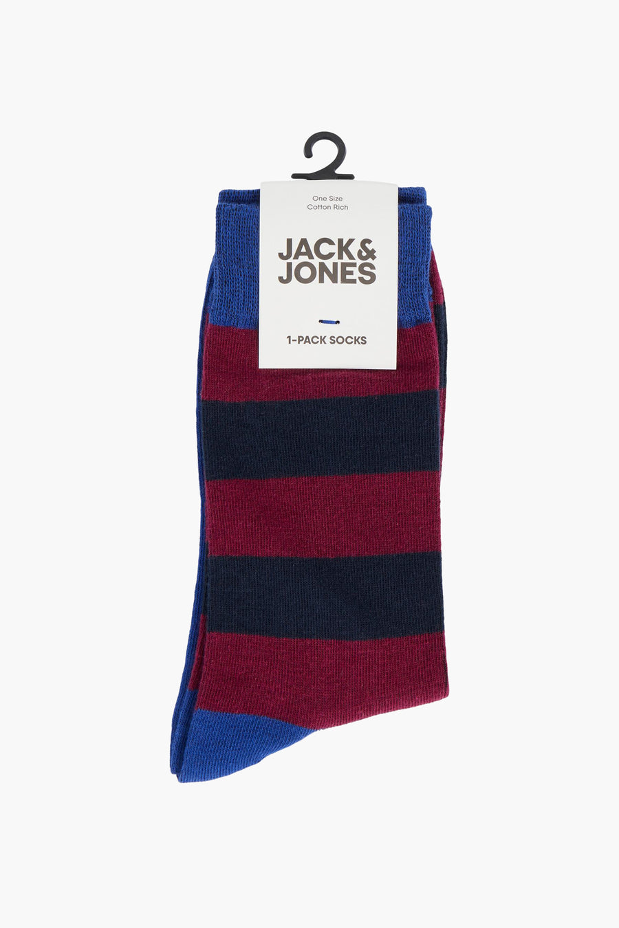 Gestreept paar Jack & Jones sokken, blauw, bordeauxrood en marineblauw.