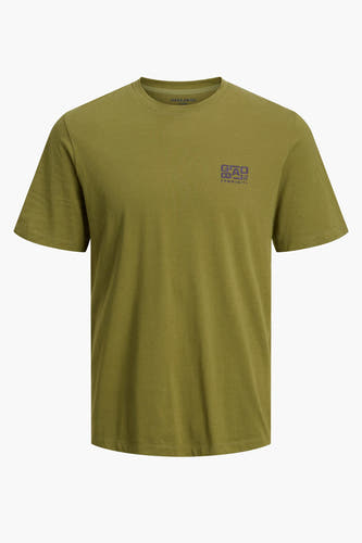 Groen T-shirt van CORE by JACK & JONES, met een kleine donkerblauwe opdruk op de borst.
