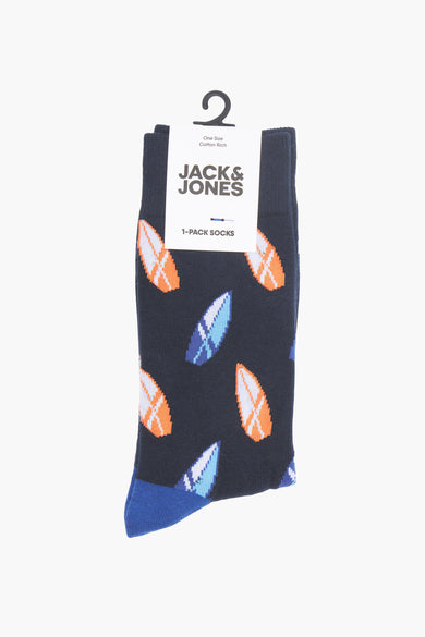 Chaussettes bleues d'ACCESSORIES BY JACK & JONES avec un motif de planches de surf orange et bleu.