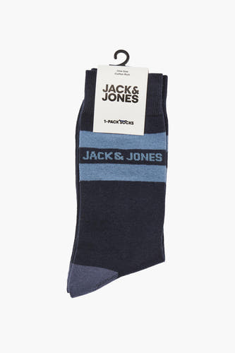 Blauwe sokken van ACCESSORIES BY JACK & JONES, met gestreepte details en merknaam op de kous.