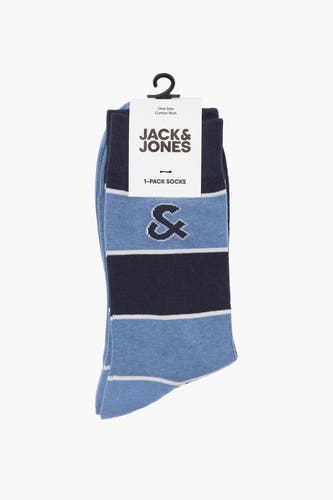 Blauwe sokken van ACCESSORIES BY JACK & JONES, met donkerblauwe en witte strepen en een geborduurde '&'.