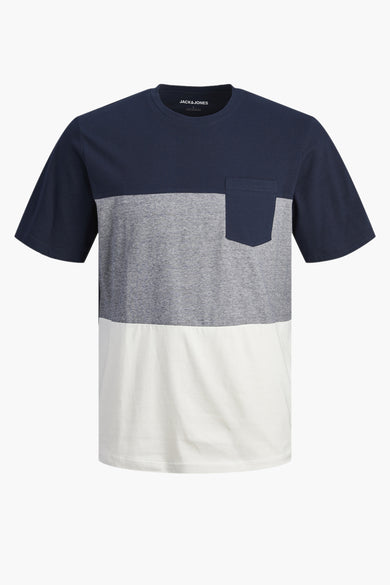 Blauw T-shirt met korte mouwen van PREMIUM BLUE by JACK & JONES, met een borstzak en kleurvlakken.