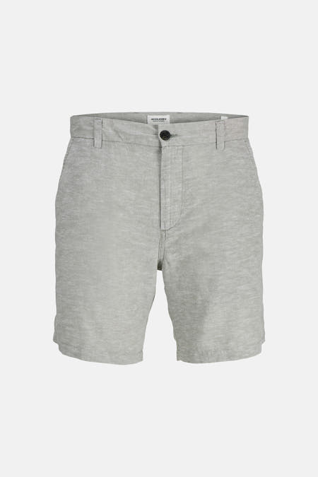Lichtgrijze melange short van JACK & JONES JEANS INTELLIGENCE met knoop- en ritssluiting, en riemlussen aan de voorkant.