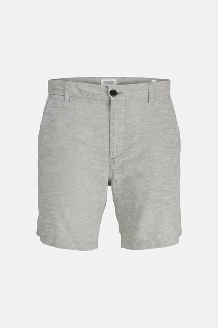 Lichtgrijze melange short van JACK & JONES JEANS INTELLIGENCE met knoop- en ritssluiting, en riemlussen aan de voorkant.