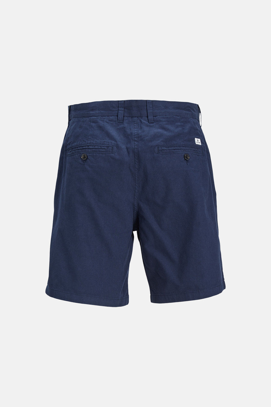 Blauwe short van JACK & JONES JEANS INTELLIGENCE, achterkant, met twee knoopzakken en riemlussen.
