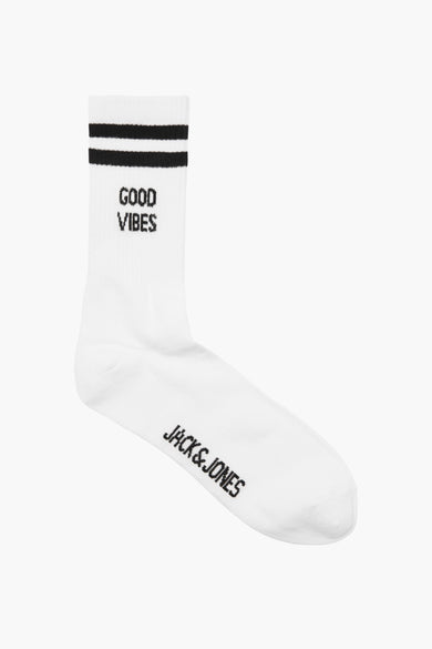 Witte sokken van ACCESSORIES BY JACK & JONES met zwarte strepen en "Good Vibes" tekst.