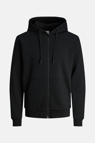 Gilet noir de CORE BY JACK & JONES avec capuche, manches longues et fermeture éclair à l'avant.