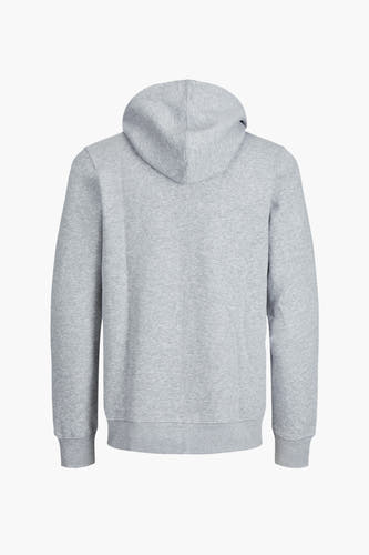 Grijze sweater van CORE by JACK & JONES, rugaanzicht met capuchon en lange mouwen.