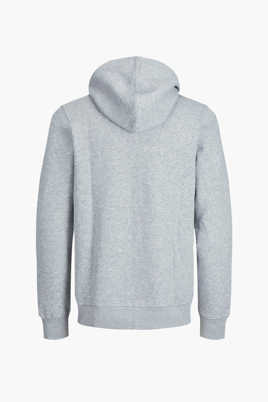 Grijze sweater van CORE BY JACK & JONES, achteraanzicht met capuchon en lange mouwen.