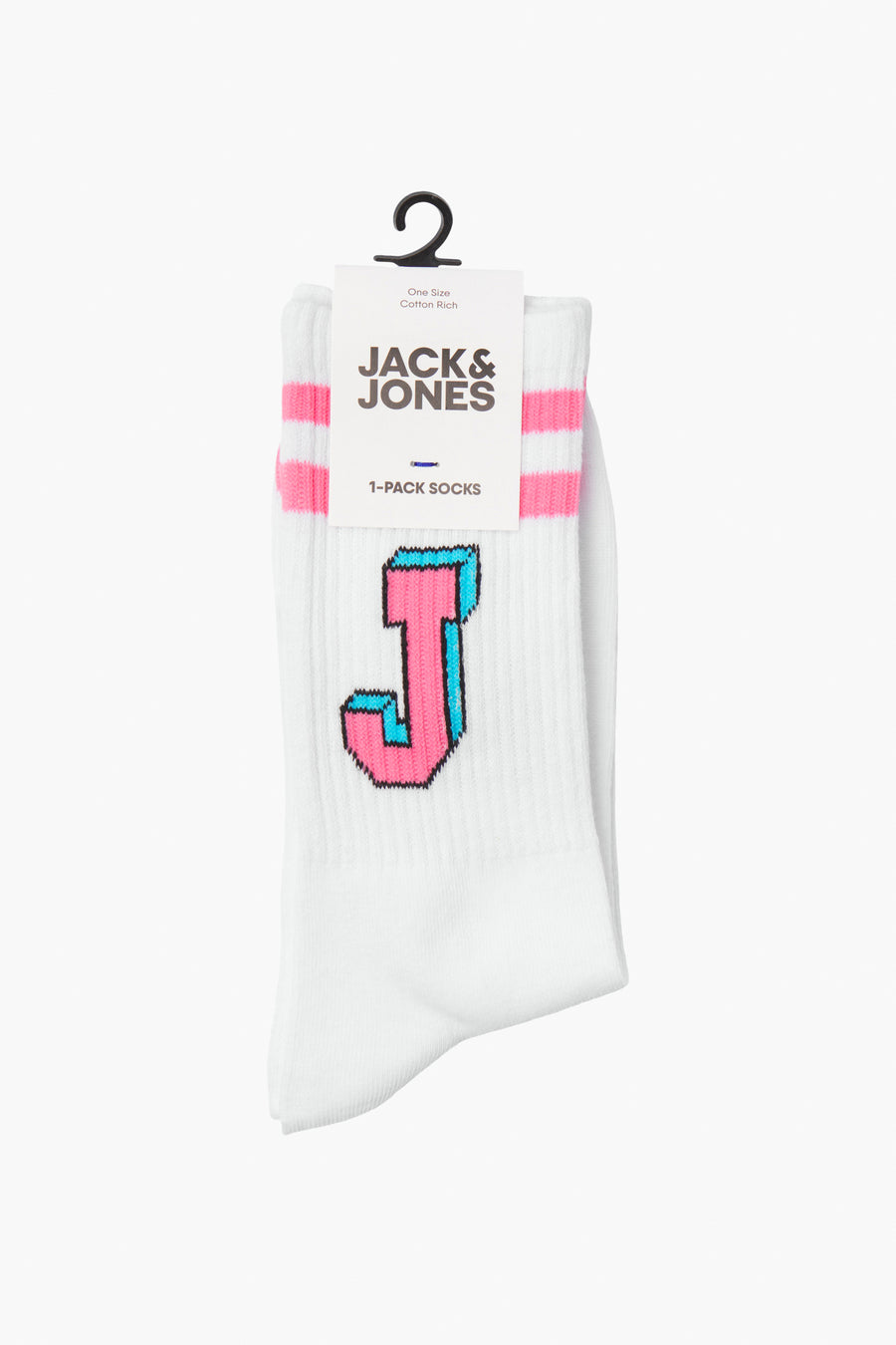 Witte sokken van ACCESSORIES BY JACK & JONES, met roze strepen en blauwe 'J'.