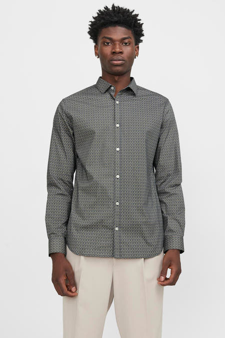 Blauw herenoverhemd met lange mouwen van PREMIUM by JACK & JONES, met fijn geometrisch patroon.