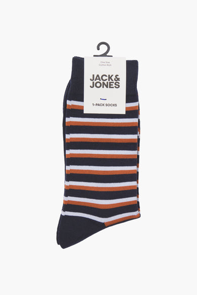 Blauwe sokken van ACCESSORIES BY JACK & JONES, met bruine en witte horizontale strepen.
