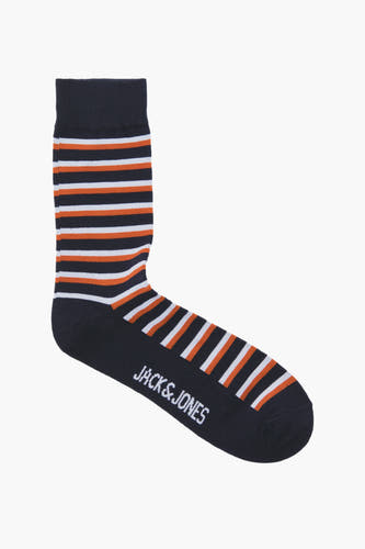 Chaussettes bleues de ACCESSORIES BY JACK & JONES, avec des rayures orange et blanches, et le logo sur le pied.