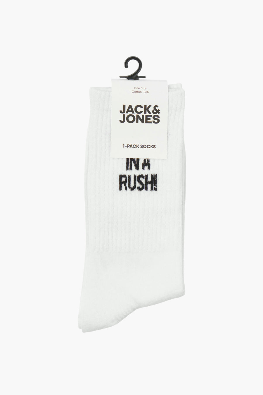 Een witte sok van Jack & Jones met de tekst "In a Rush!" aan een zwarte hanger.