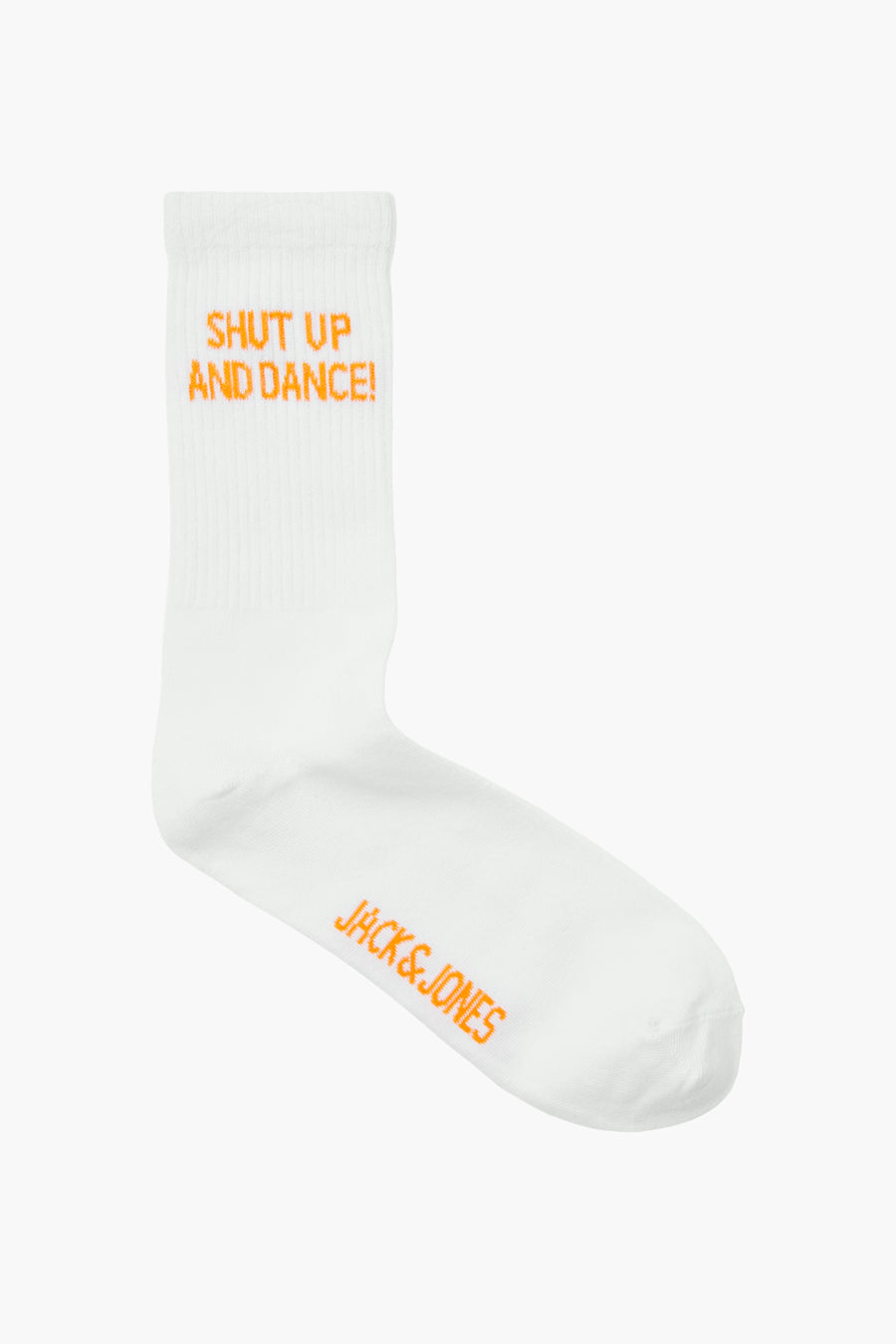 Chaussettes blanches de JACK & JONES avec le texte et le logo "Shut up and dance!" en orange.