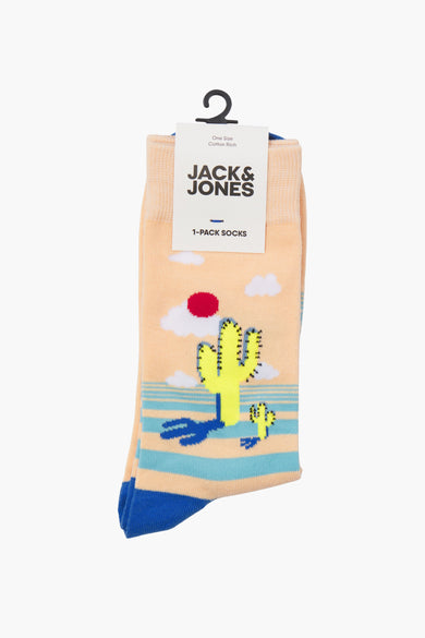 Multikleurige sokken van ACCESSORIES BY JACK & JONES, met cactussen, zon, wolken en blauwe strepen.