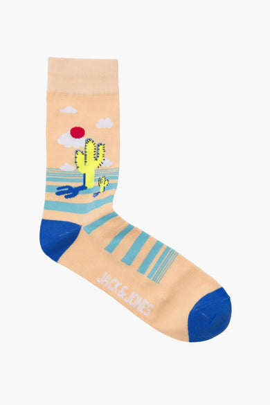 Meerkleurige sokken van ACCESSORIES BY JACK & JONES, met cactusmotief, blauwe strepen en een blauwe hiel en teen.
