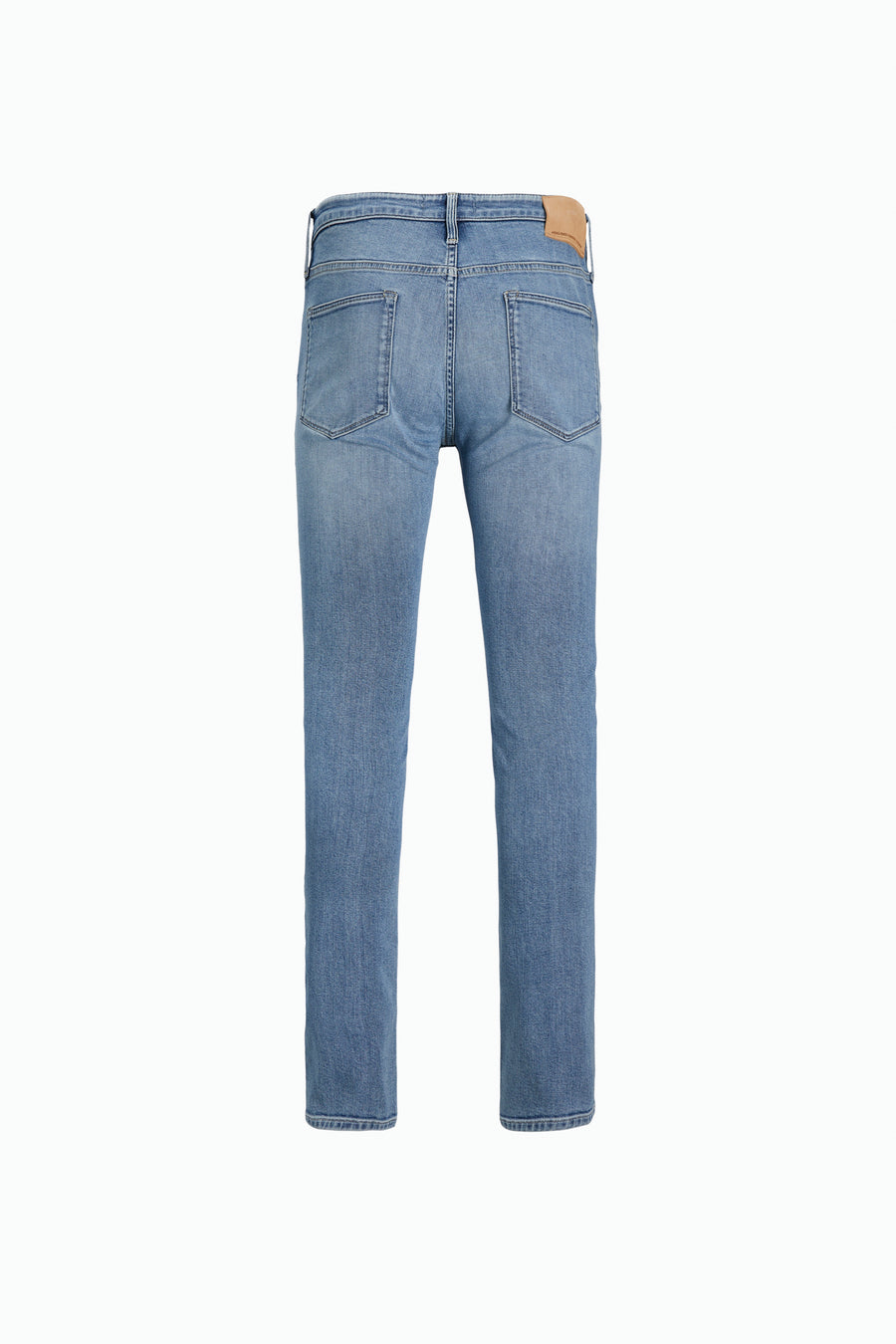 Lichtblauwe skinny jeans van JACK & JONES JEANS INTELLIGENCE, met twee achterzakken en een bruin label op de tailleband.
