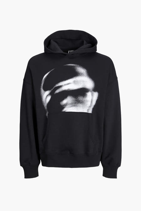 Zwarte sweater met kap van CORE BY JACK & JONES, met abstracte witte print.