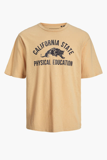Beige T-shirt van PREMIUM BLUE by JACK & JONES, met zwarte opdruk 'California State Physical Education' en panter.