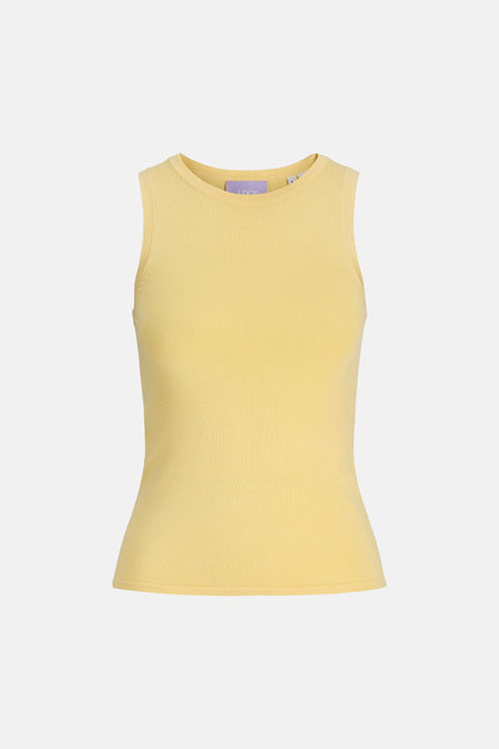 Gele top zonder mouwen van JJXX, met een geribbelde textuur.
