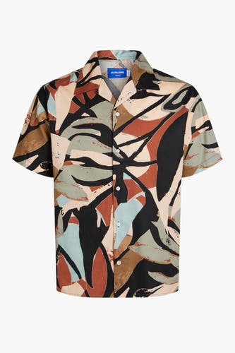 Chemise noire à manches courtes d'ORIGINALS BY JACK & JONES, avec un motif abstrait de feuilles dans différentes couleurs.