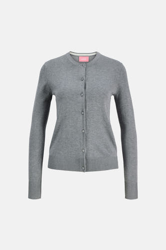 Gilet gris de JJXX, avec une rayure blanche sur le col et une fermeture à boutons.
