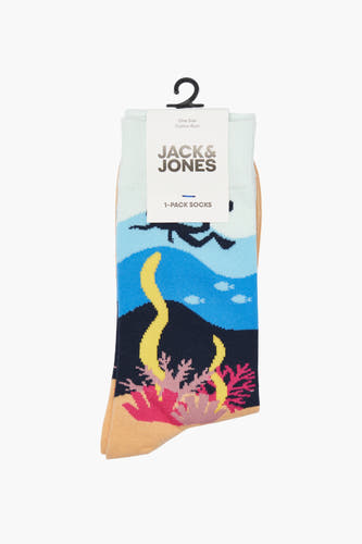 Chaussettes bleues de ACCESSORIES BY JACK & JONES avec un imprimé sous‑marin de corail et d’un plongeur.