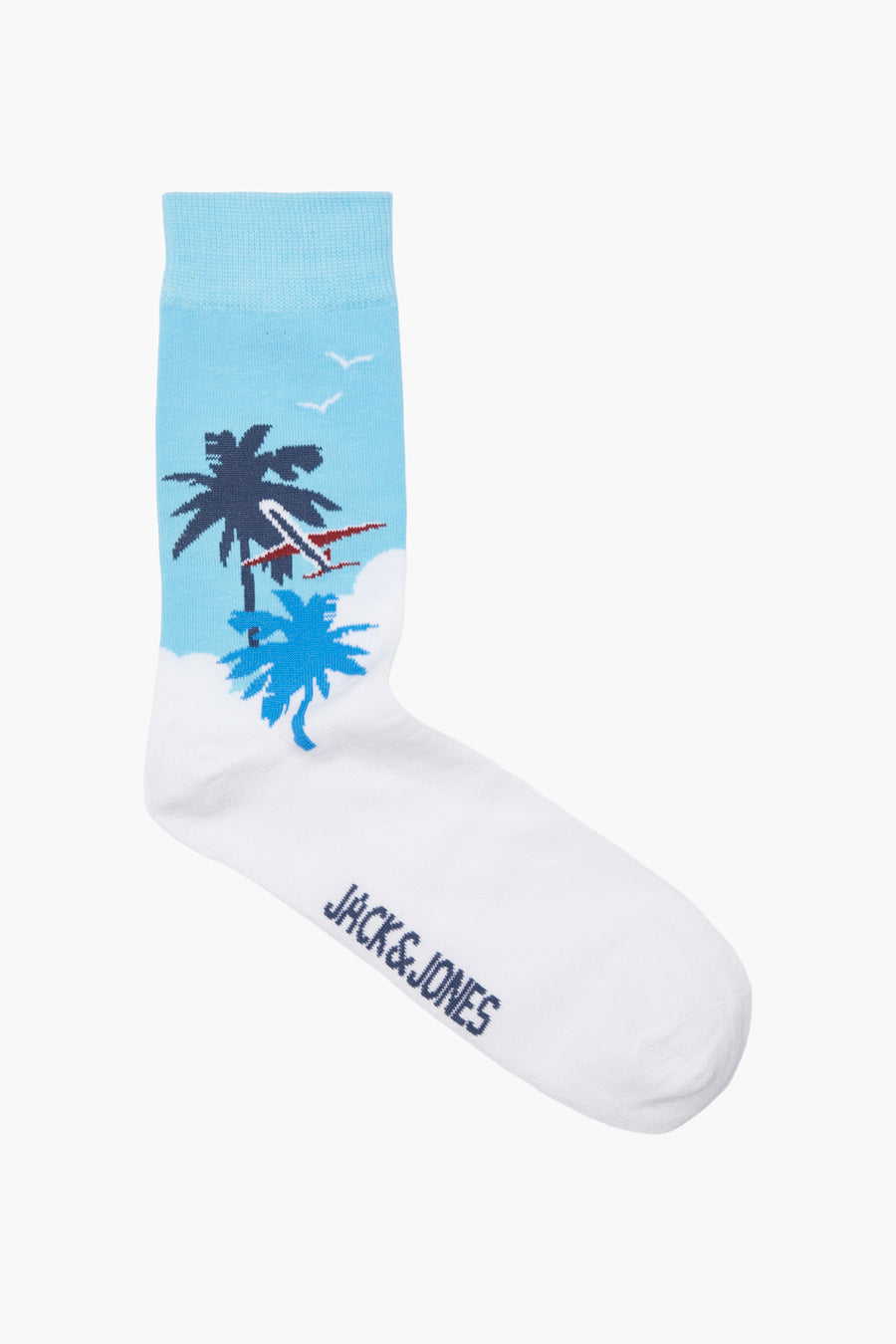 Blauwe sokken van ACCESSORIES BY JACK & JONES met palmbomen, vliegtuig en witte details.
