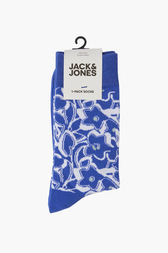 Blauwe sokken van ACCESSORIES BY JACK & JONES, met witte bloemenprint en groen detail.