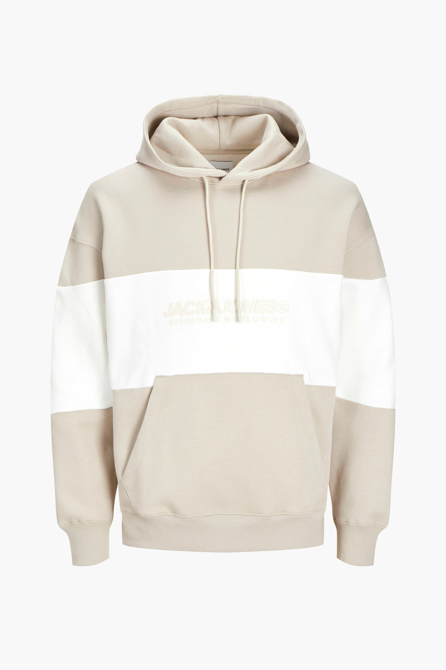Beige hoodie met wit vlak en Jack & Jones logo.
