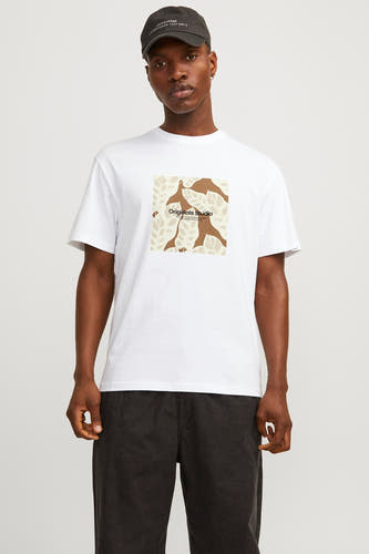T-shirt blanc à manches courtes d'ORIGINALS BY JACK & JONES, avec un imprimé carré sur la poitrine.