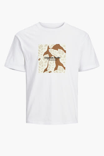 T-shirt blanc à manches courtes d'ORIGINALS BY JACK & JONES, avec un motif de feuille brune et une impression textuelle sur la poitrine.