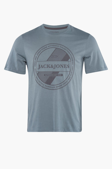 Blauw T-shirt met korte mouwen van CORE by JACK & JONES, met een ronde print op de borst.

