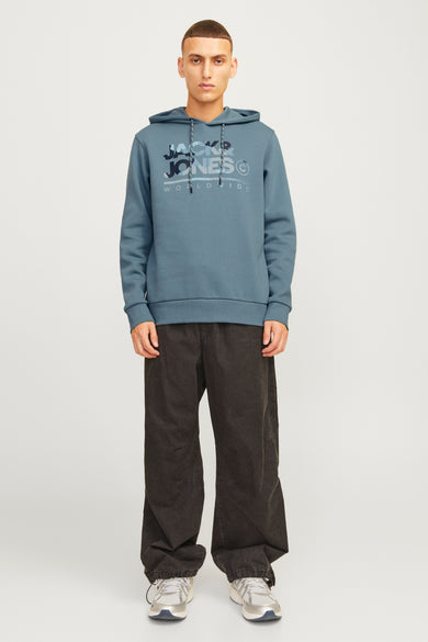 Blauwe sweater met kap van ORIGINALS BY JACK & JONES, met trekkoorden en een print op de borst.