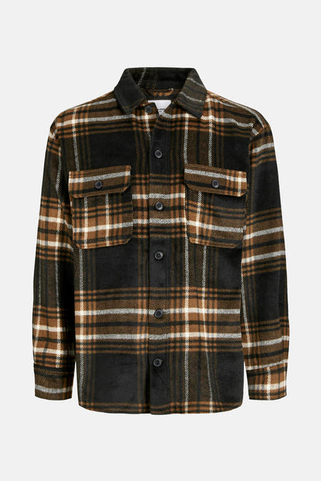 Bruin overhemd met lange mouwen van ORIGINALS BY JACK & JONES, met een ruitpatroon en borstzakken.
