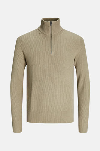 Gilet beige avec col rond de CORE BY JACK & JONES, côtelé tr tricoté avec une fermeture à glissière argentée.