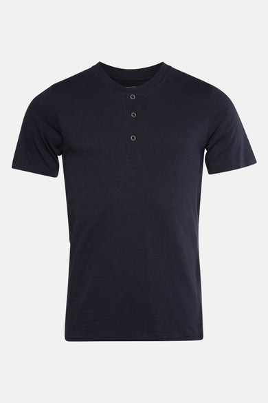 Donkerblauw T-shirt met korte mouwen van PREMIUM BLUE by JACK & JONES, met knoopsluiting bij de hals.